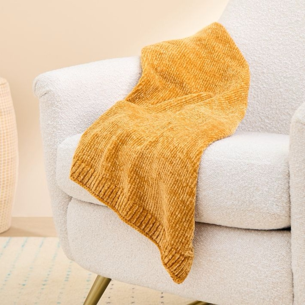 West Elm Chenille Throw Blanket Gold Yellow White 50 In X 60 In Polyester